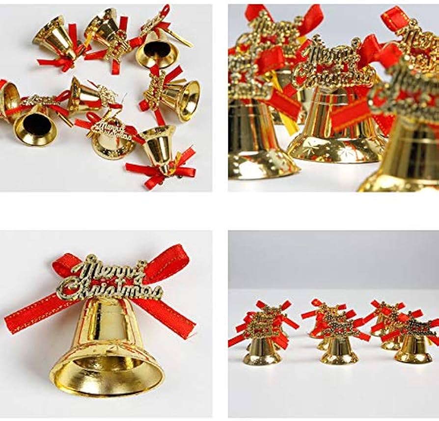 9Pcs Christmas Bells with Bow Xmas Tree Hanging Ornaments Decoration Golden Bell Christmas
