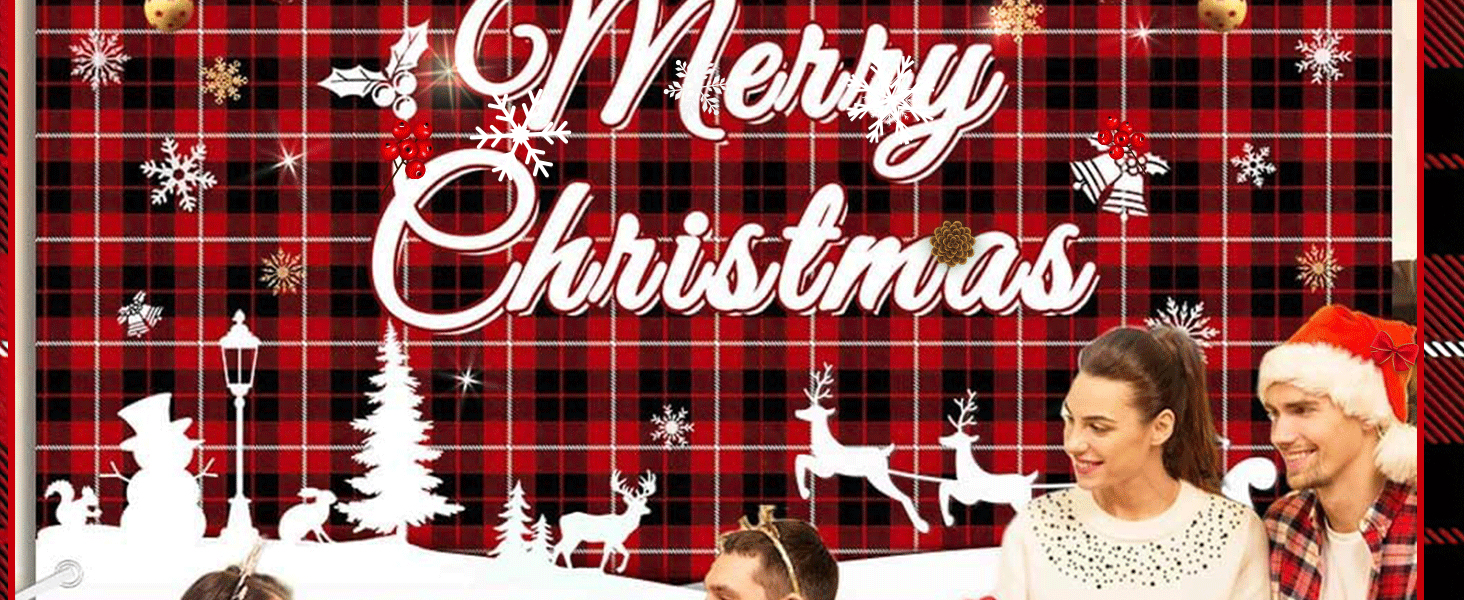 Merry Christmas Backdrop Red Black Plaid Pattern Santa Claus Reindeer Photography  60 x 12 inch