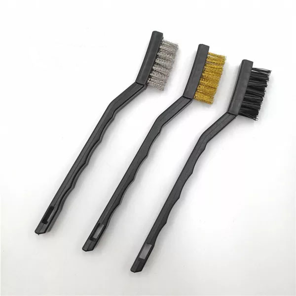 Bent plastic handle wire brush 3 pc Mini Wire Brush Set Stainless Steel, Brass, Nylon